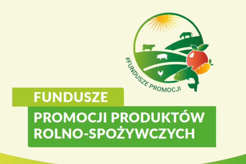 Logo promujące fundusze dla produktów rolniczych, z grafiką zwierząt, roślin i słonecznika oraz napisem w języku polskim na zielonym tle.