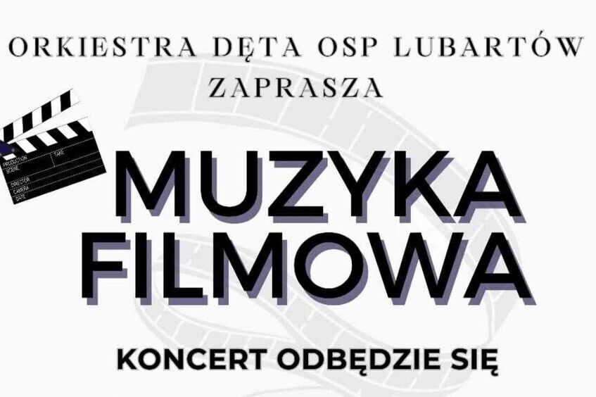 Plakat promujący koncert muzyki filmowej zatytułowany "Muzyka Filmowa" 19 października o godzinie 17:00, zorganizowany przez Orkiestrę Dętą OSP Lubartów w Wiejskim Ośrodku Kultury w Górce Lubartowskiej.