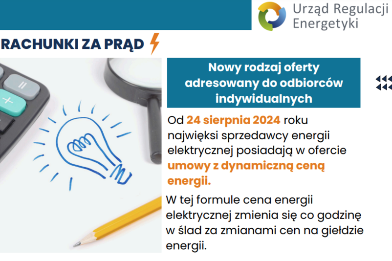 Opis alternatywny: Ulotka informacyjna z napisem "Rachunki za prąd" oraz grafiką symbolizującą energię elektryczną i termometr. Obok znajduje się tekst o nowym sposobie taryfikacji energii.