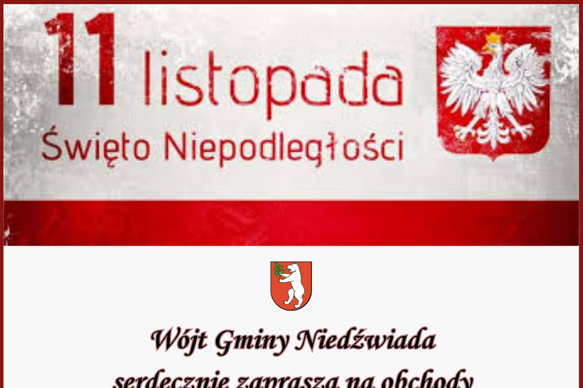 Zdjęcie plakatu z napisem "Święto Niepodległości 11 listopada" w górnej części, poniżej informacje o mszy i programie obchodów z grafiką korony, a na dole portret postaci z wąsami w mundurze.