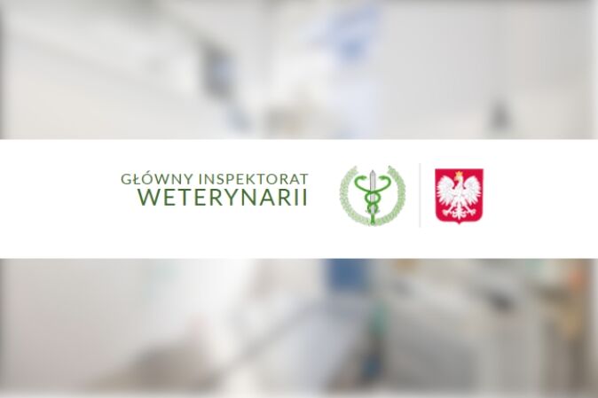 Na obrazie widoczne jest logo Głównego Inspektoratu Weterynarii oraz godło Polski na rozmytym tle.