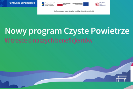 Ilustracja przedstawia baner promujący program "Czyste Powietrze". Widoczny jest nowoczesny dom z ogrodem na tle gór. W tle znajdują się logotypy Funduszy Europejskich oraz informacje o dofinansowaniu.