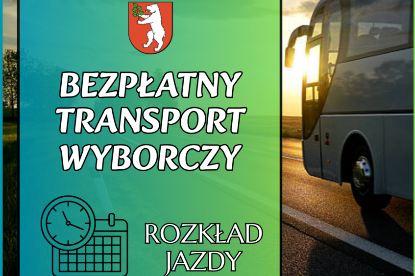 Autobus na drodze o zachodzie słońca. Po lewej stronie zielona tablica z herbem oraz napisem "Bezpłatny Transport Wyborczy". Poniżej jest ikona zegara z tekstem "Rozkład Jazdy".