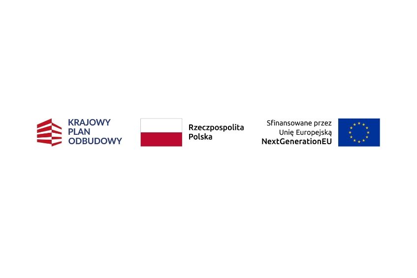 Logo Krajowego Planu Odbudowy obejmujące flagę Polski i Unii Europejskiej oraz tekst dotyczący finansowania z Unii Europejskiej w ramach NextGenerationEU.