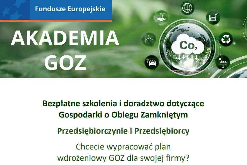 Plakat promujący Akademię GOZ. Oferuje bezpłatne szkolenia i doradztwo w zakresie Gospodarki o Obiegu Zamkniętym. Wydarzenie online 22.10.2025 o 13:00. Grafika z symbolem CO2 i naturą.