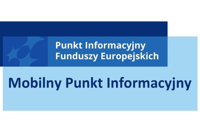 Niebieskie logo z napisem "Punkt Informacyjny Funduszy Europejskich" oraz "Mobilny Punkt Informacyjny" na jasnym tle.