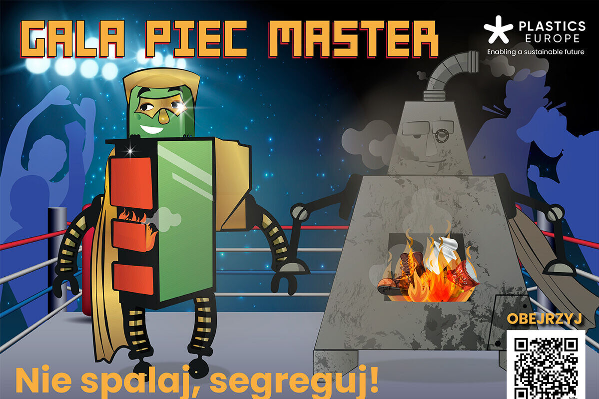 Grafika przedstawia animowane postacie: piec w garniturze i robot z plastiku na scenie, otoczone reflektorami. Obok widnieje tekst zachęcający do segregacji plastiku zamiast spalania.
