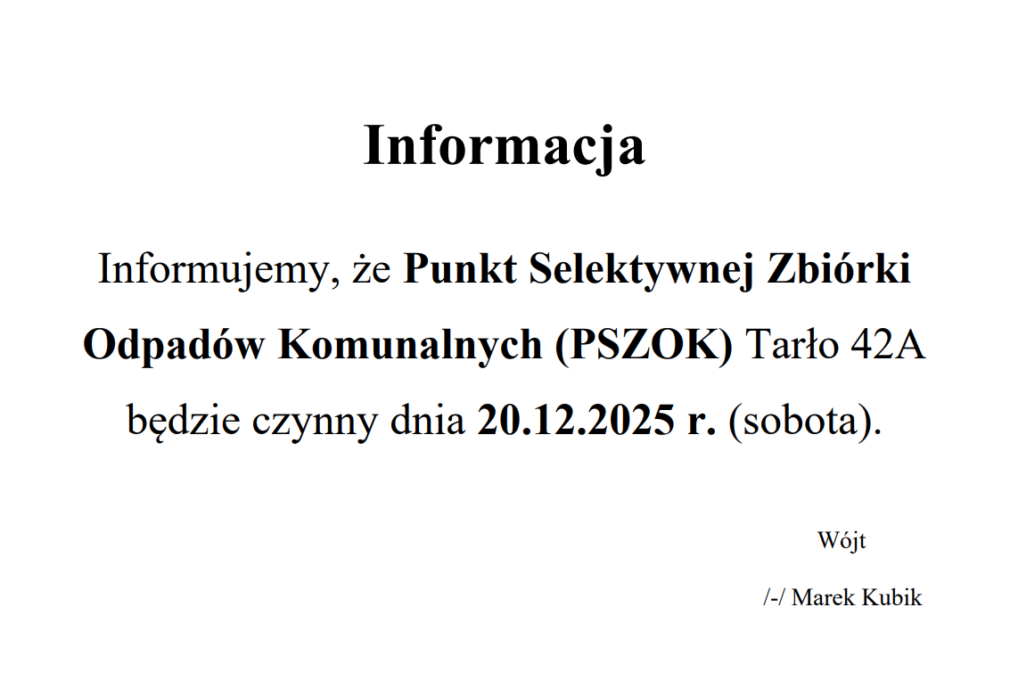 Plakat informacyjny o działaniu Punktu Selektywnej Zbiórki Odpadów Komunalnych w Tarle 42A. Data otwarcia: 20 grudnia 2025 (sobota). Na dole podpisano "Wójt Marek Kubik".
