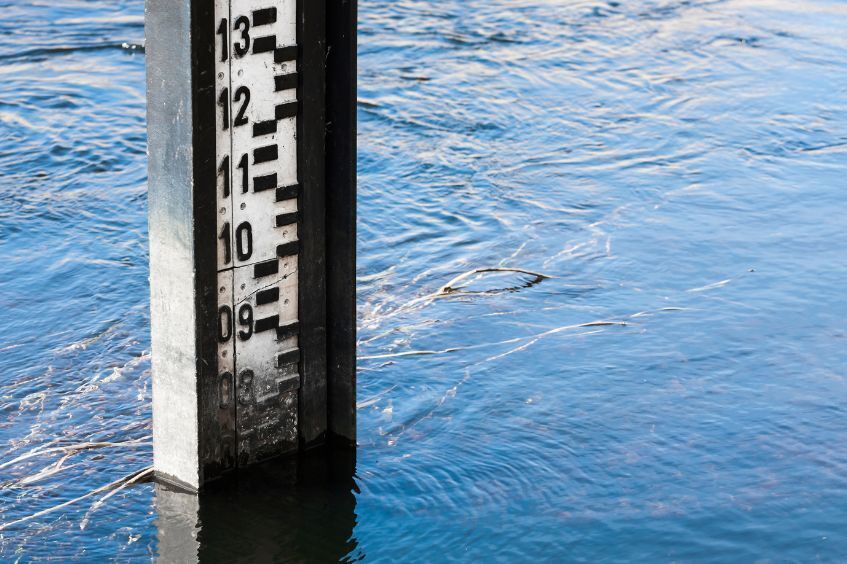 Wskaźnik poziomu wody zanurzony w rzece pokazuje poziom wody do 10 jednostek. Przepływająca woda delikatnie faluje wokół wskaźnika, a rośliny wodne unoszą się na powierzchni.