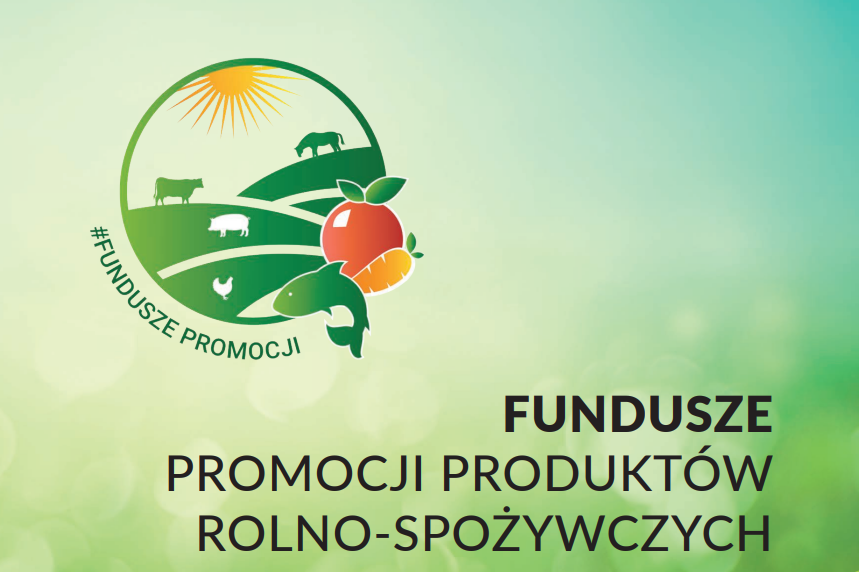 Na grafice znajdują się symboliczne ikony przedstawiające wieś i produkty rolne, takie jak zwierzęta, owoce i ryby. Nad nimi widnieje wschodzące słońce. Na dole napis: „Fundusze Promocji Produktów Rolno-Spożywczych”.