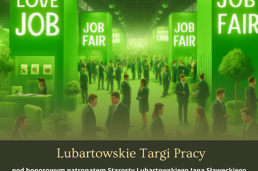 Plakat promujący "Lubartowskie Targi Pracy" z zielonym tłem. Zawiera datę 10.04.2026, miejsce wydarzenia, oraz informacje o strefach i bezpłatnym wstępie. Na dole logotypy organizatora i patronatu.