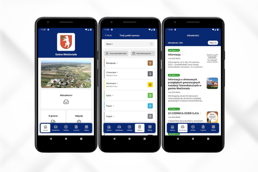 Trzy smartfony wyświetlają aplikację mobilną z informacjami o gminie Niedźwiada. Każdy ekran pokazuje inne sekcje: aktualności, słownik i stronę główną z logo gminy. Tło jest jasne i neutralne.