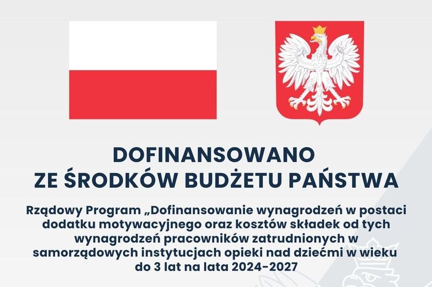 Plakat informacyjny z flagą Polski i godłem, przedstawiający dofinansowanie rządowe na wynagrodzenia pracowników instytucji opieki nad dziećmi na lata 2024-2027. Kwota dofinansowania: 51 849,00 zł. Data: marzec 2026.