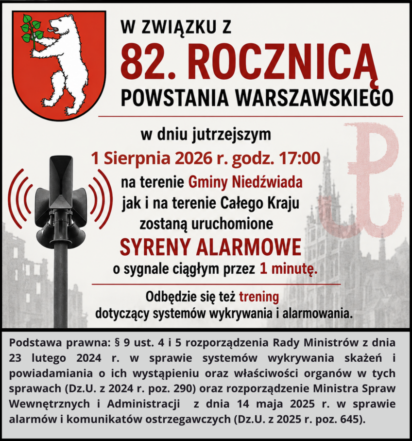 Plakat informujący o 82. rocznicy Powstania Warszawskiego. Zawiera tekst o uruchomieniu syren alarmowych jako testu systemów wykrywania i alarmowania 1 sierpnia 2026 o 17:00. Widoczne godło Mazowsza i miejski krajobraz.