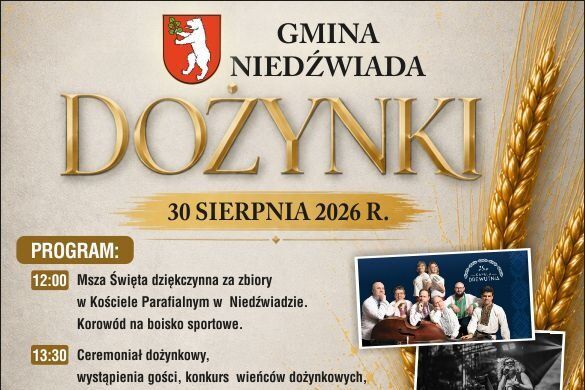 Plakat promujący Dożynki w Gminie Niedźwiada, 30 sierpnia 2026 r. Zawiera program wydarzeń, takich jak msza święta, koncerty zespołów, Biesiada Oberonia oraz dodatkowe atrakcje, w tym degustacja potraw i pokaz tańca.