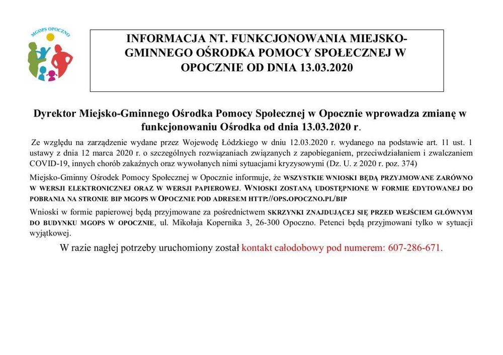 INFORMACJA NT. FUNKCJONOWANIA MIEJSKO-GMINNEGO OŚRODKA POMOCY SPOŁECZNEJ W OPOCZNIE OD DNIA 13.03.2020