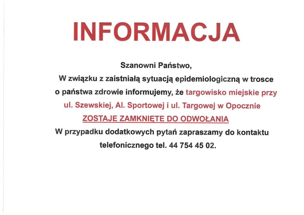 Informacja w sprawie targowiska miejskiego w Opocznie