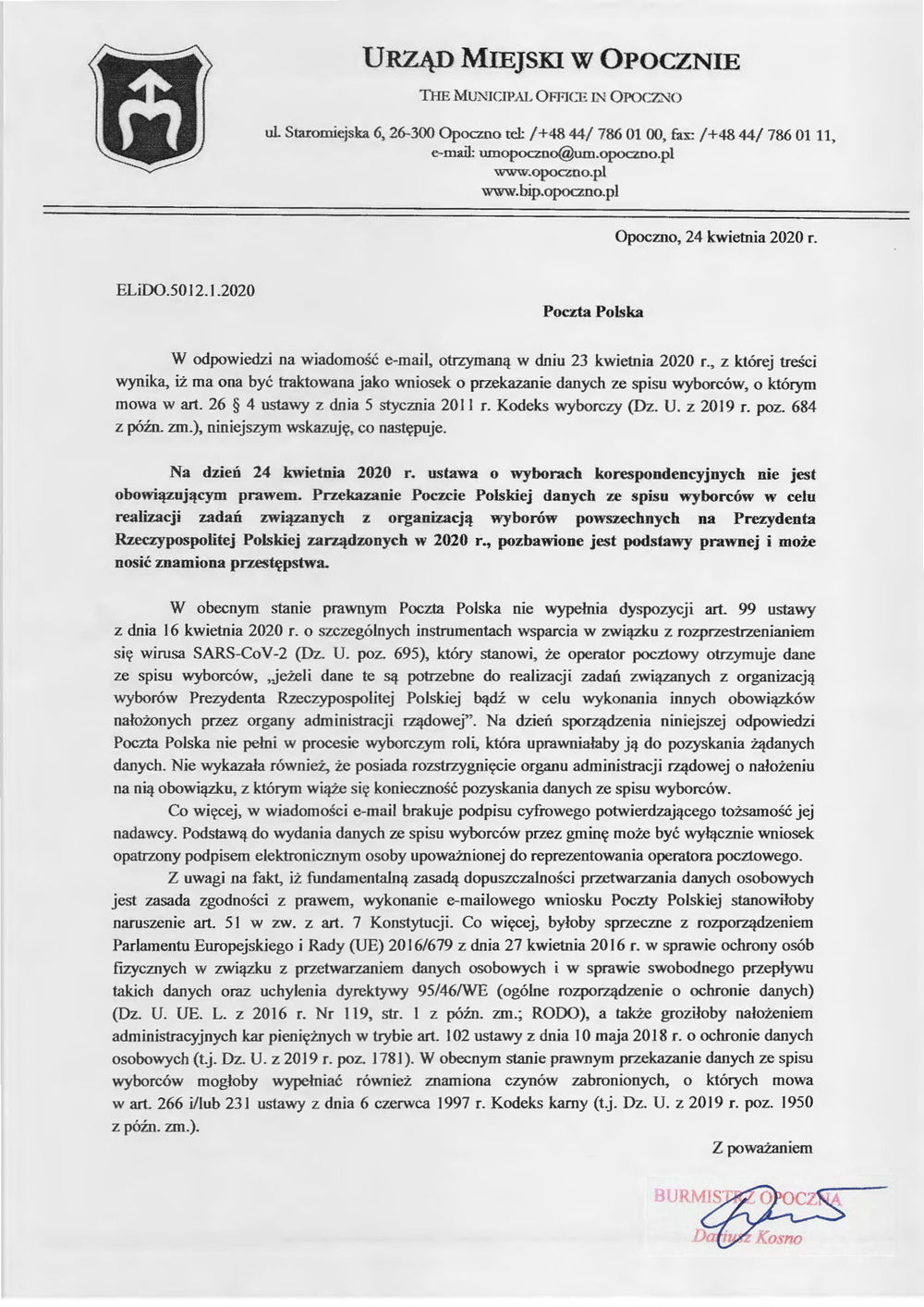 Odpowiedź Burmistrza Opoczna na e-mail Poczty Polskiej w sprawie przekazania danych spisu wyborców. 