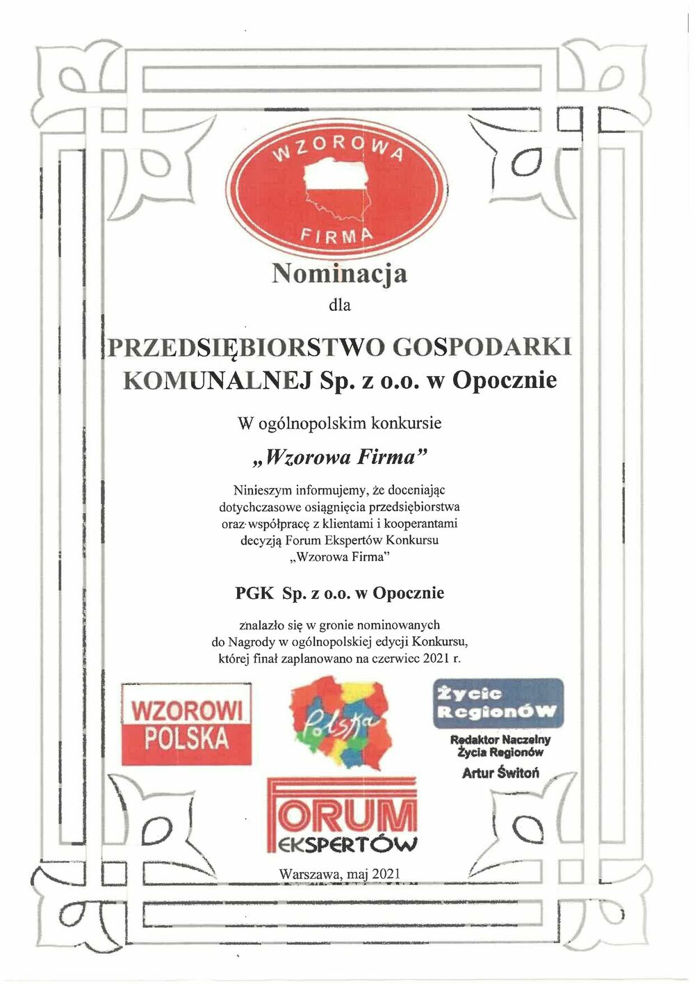 PGK z nominacja w konkursie "Wzorowa firma" 