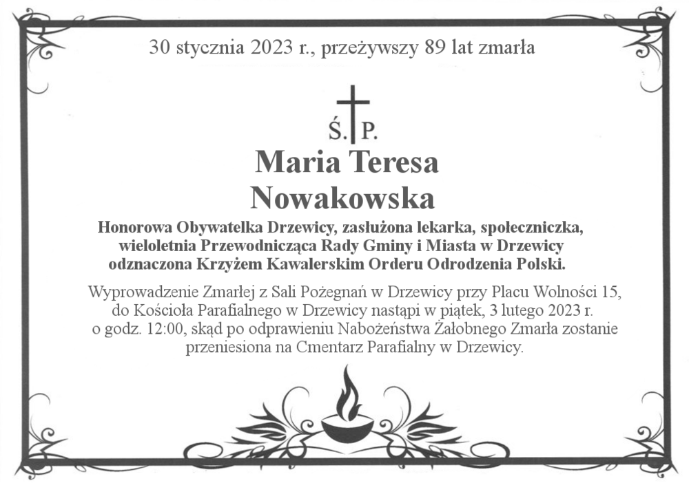 Zmarła Maria Teresa Nowakowska – Honorowa Obywatelka Drzewicy