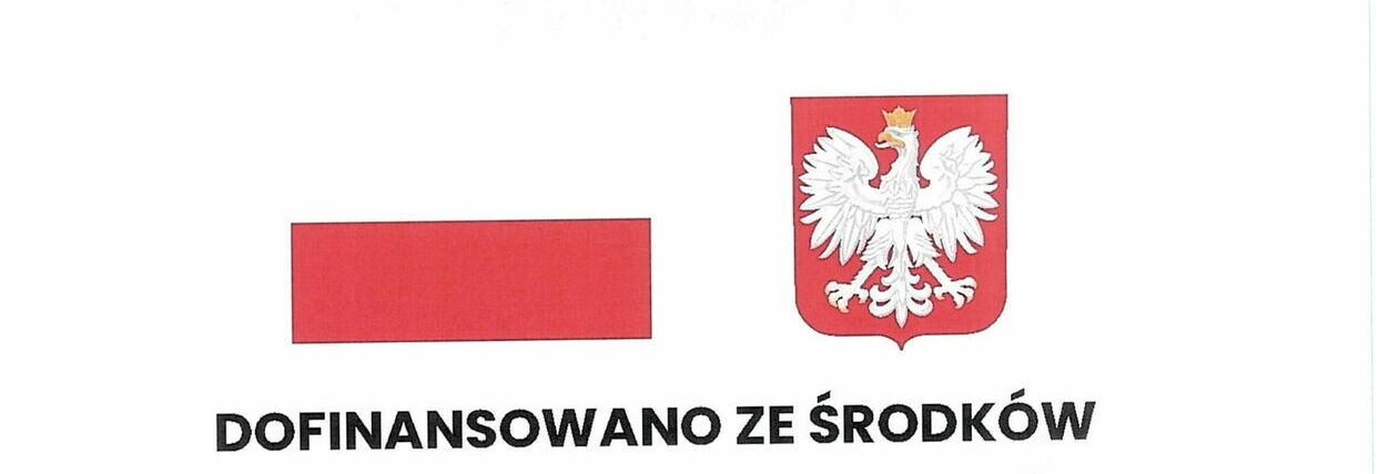 Flaga i godło polski z napisem DOFINANSOWANO ZE ŚRODKÓW 