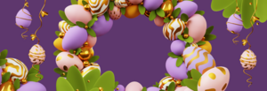 Alternatywny opis zdjęcia: Grafika przedstawiająca dekoracyjny wieniec z kolorowymi, wielkanocnymi jajkami w odcieniach fioletu, różu i złota, z zielonymi liśćmi i serpentynami na fioletowym tle.