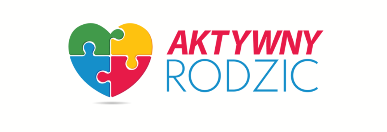 Logo programu "Aktywny Rodzic" przedstawia serce złożone z kolorowych puzzli z napisem obok.