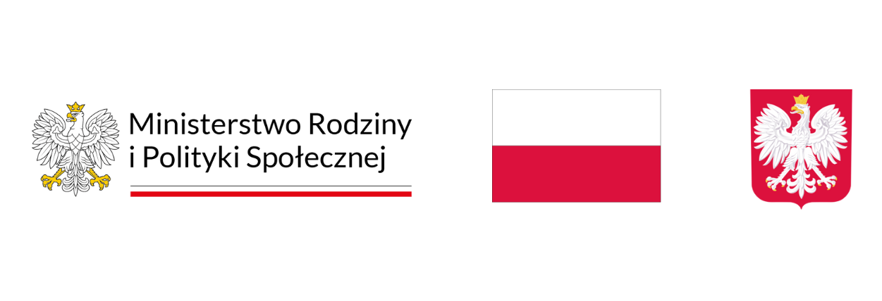 Logo Ministerstwa Rodziny i Polityki Społecznej z herbem Polski po lewej, flagą Polski w środku i orłem w koronie na czerwonym tle po prawej.