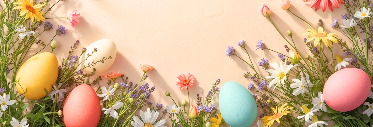 Kolorowe pisanki w pastelowych odcieniach umieszczone na łagodnym, pastelowym tle. Pomiędzy jajkami widoczne są różnorodne wiosenne kwiaty, tworzące wesoły i świąteczny nastrój.
