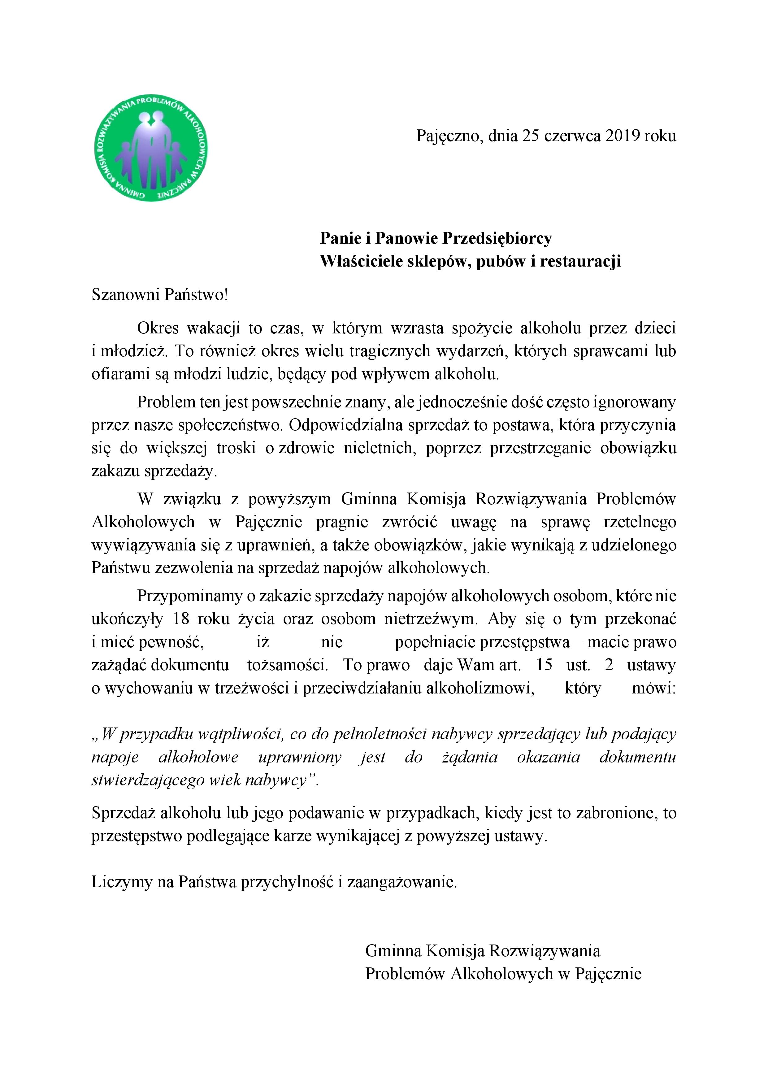 Gminna Komisja Rozwiązywania Problemów Alkoholowych w Pajęcznie apeluje!