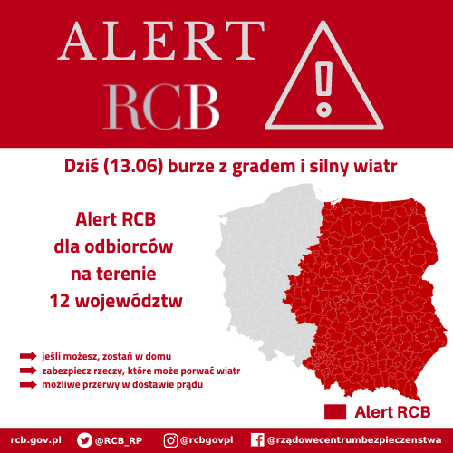 Alert RCB (13.06) – burze z gradem i silny wiatr