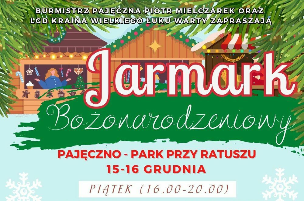 Plakat zapraszający na wydarzenie "Bożonarodzeniowy Jarmark" w Parku Przemysłowym, odbywający się 15-16 grudnia z harmonogramem atrakcji, świątecznymi dekoracjami i wizerunkiem postaci folklorystycznej.