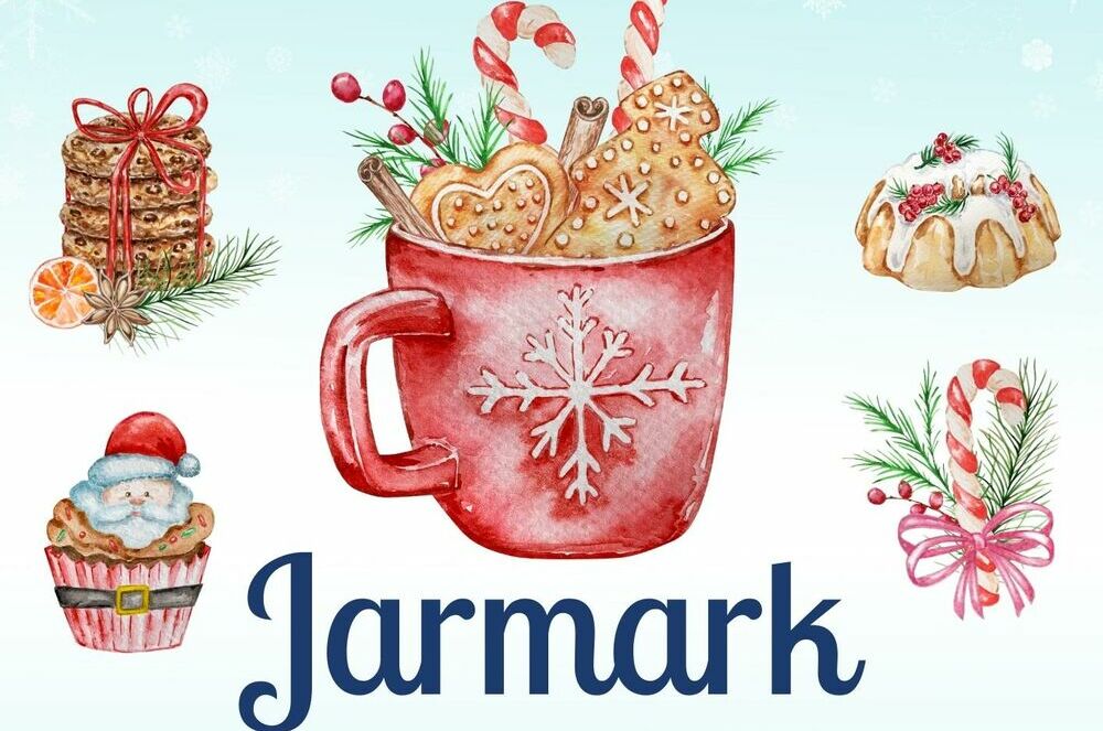 Plakat reklamujący jarmark bożonarodzeniowy z ręcznie robionymi przedmiotami i świątecznymi dekoracjami, zapowiada atrakcje, warsztaty i stroiki świąteczne, zawiera informacje kontaktowe.