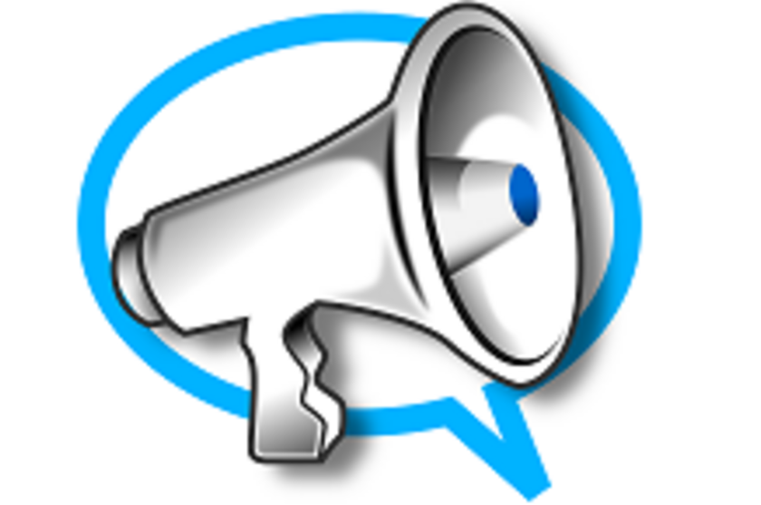 Ikona megafonu w białym i szarym kolorze umieszczona na niebieskim, okrągłym tle z białą obwódką, kojarząca się z komunikacją lub ogłoszeniem.