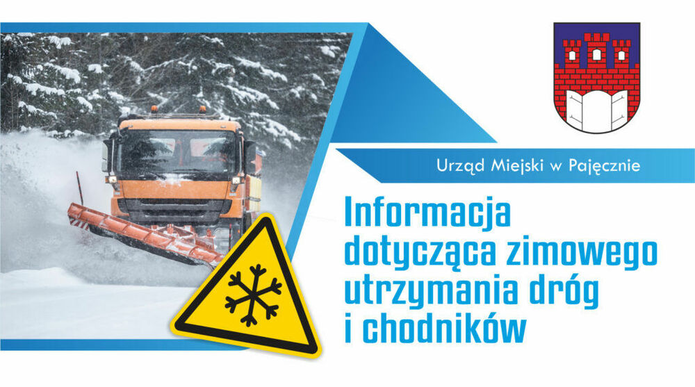 Na białym tle pług do odśnieżania i napis Informacja dotycząca zimowego utrzymania dróg i chodników