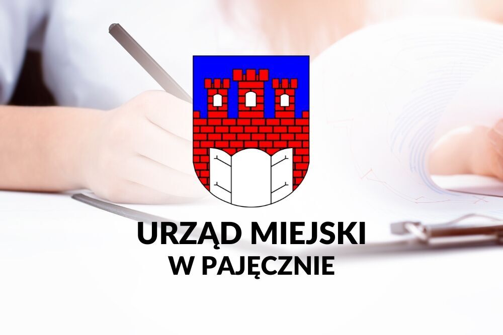 Herb Urzędu Miejskiego w Pajęcznie. W tle osoba podpisująca dokument.