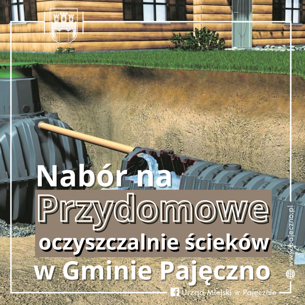 Grafika przedstawiająca przydomową oczyszczalnię ścieków. Na niej napis Nabór na przydomowe oczyszczalnie ścieków w Gminie Pajęczno