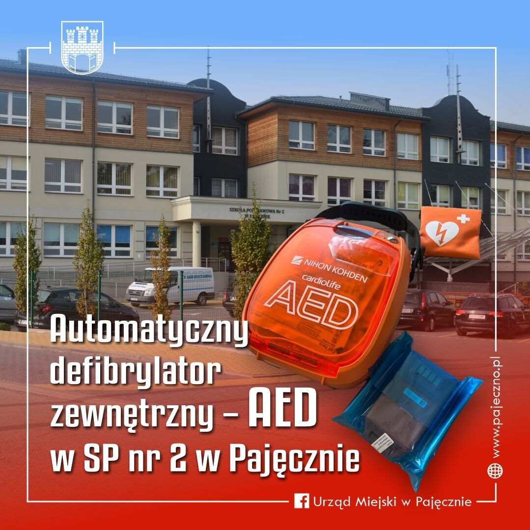 Grafika z widokiem na Szkołę Podstawową nr 2 w Pajęcznie. Na grafice pokazany także automatyczny defibrylator zewnętrzny – AED