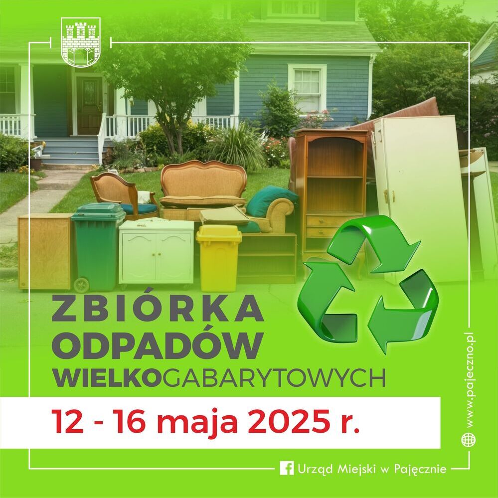 Grafika przedstawiająca dom z wystawionymi przed nim odpadami wielkogabarytowymi. Na dole umieszczony napis z informacją o zbiórce odpadów.