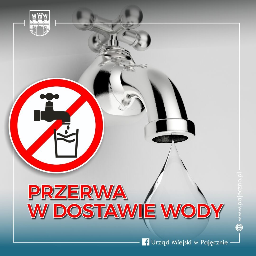 Grafika z kranem w tle. Napis i znak z informacją o przerwie w dostawie wody.