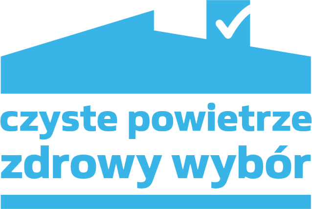 Logo programu "Czyste Powietrze" z grafiką stylizowanych domów i znakiem zaznaczenia nad nimi, z hasłem "czyste powietrze zdrowy wybór" w kolorach błękitnym i niebieskim.