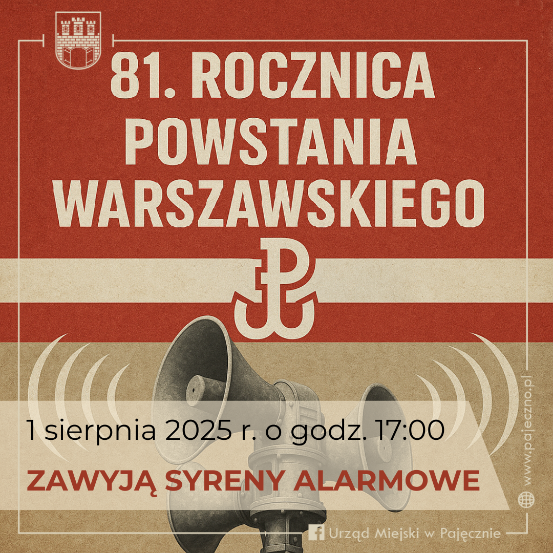 Napis 81. rocznica powstania warszawskiego. 1 sierpnia 2025 r. o godzinie 17:00 zawyją syreny alarmowe. W tle syrena alarmowa i symbol Polski Walczącej