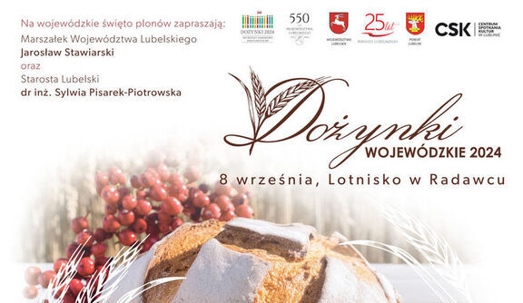 Plakat wydarzenia kulturalnego z grafiką ciasta i elementami folklorystycznymi, ogłaszający "Święto Pieśni Ludowej" w dniu 8 września 2024 w Jarosławiu. Zawiera szczegóły programu oraz loga sponsorów.