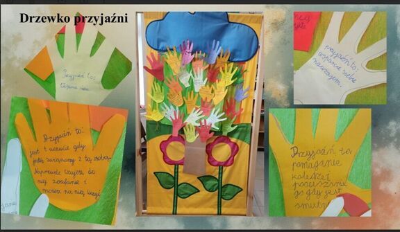 Na środku: kolorowe papierowe rączki tworzą drzewko przyjaźni. Dookoła: kartki z odręcznymi notatkami o przyjaźni, w tle delikatny wzór.