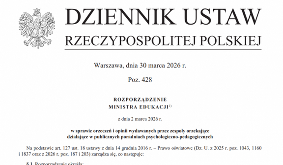 Strona tytułowa z "Dziennika Ustaw Rzeczypospolitej Polskiej", datowana na 30 marca 2026 roku. Zawiera informację o rozporządzeniu Ministra Edukacji dotyczącym orzeczeń w poradniach psychologiczno-pedagogicznych.