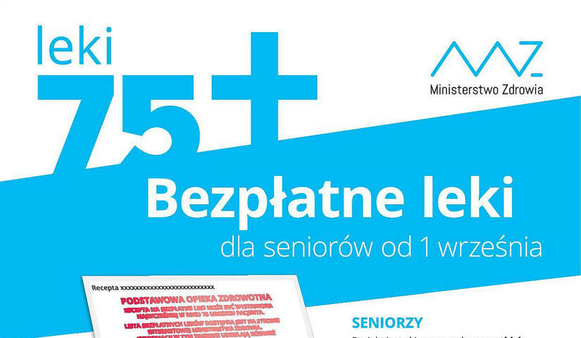 Wycinek plakatu: leki 75+ Ministerstwo Zdrowia Bezpłatne leki dla seniorów od 1 września