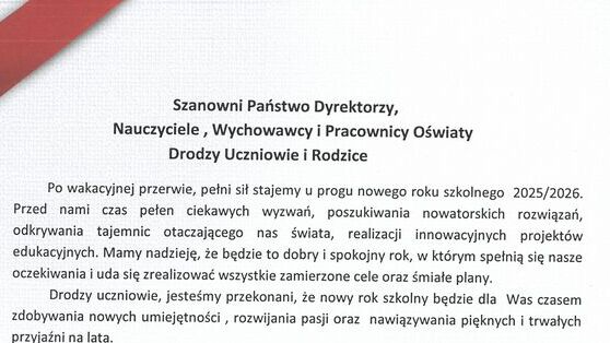 List Wójta Gminy Potok Górny z okazji rozpoczęcia roku szkolnego 2025/2026