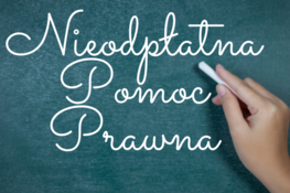 Grafika przedstawia napis: Nieodpłatna Pomoc Prawna oraz kobiecą dłoń z kredą na ciemnym tle