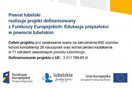Grafika z napisem: Powiat Lubelski realizuje projekt dofinansowany z Funduszy Europejskich: Edukacja przyszłości w powiecie lubelskim