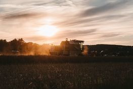 na zdjęciu znajduje się jadący po polu kombajn na tle zachodzącego słońca